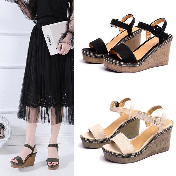 

summer fashion women's flock sandals super high heels solid shoes ankle strap platform wedges for woman, Black