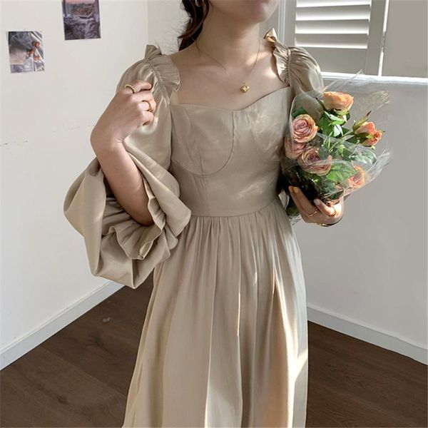 

casual dresses chic korean women elegant dress square collar short sleeve midi fashion backless high waist vestidos female clothes 2021, Black;gray