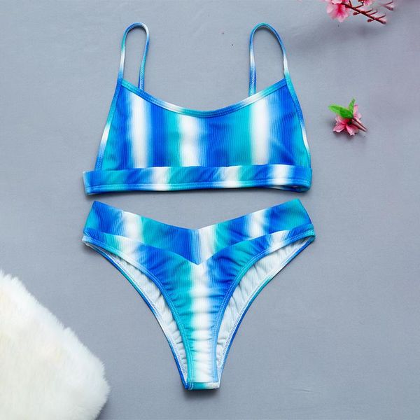 

women's swimwear ribbed swimsuit swimming suit bandeau bikini set print women 2021 sports bathing 2 pieces biquini, White;black