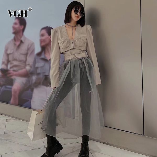 

vgh casual two piece set for women v neck long sleeve short jacket high waist patchwork perspective mesh skirts female sets 210421, White