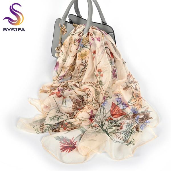 

scarves [bysifa] women's foulard fashion long 100% pure silk beige scarf summer beach shawl spring fall plants flowers, Blue;gray