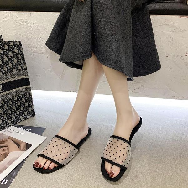 

summer shoes woman flats slippers polka dot mesh sandals women casual flat flip-flops with leisure slides sandalias, Black