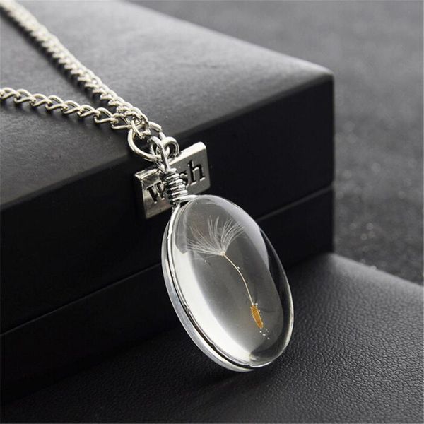 

natural dandelion seed pendant necklace vintage crystal glass round minimalism color chain choker for women necklaces, Silver