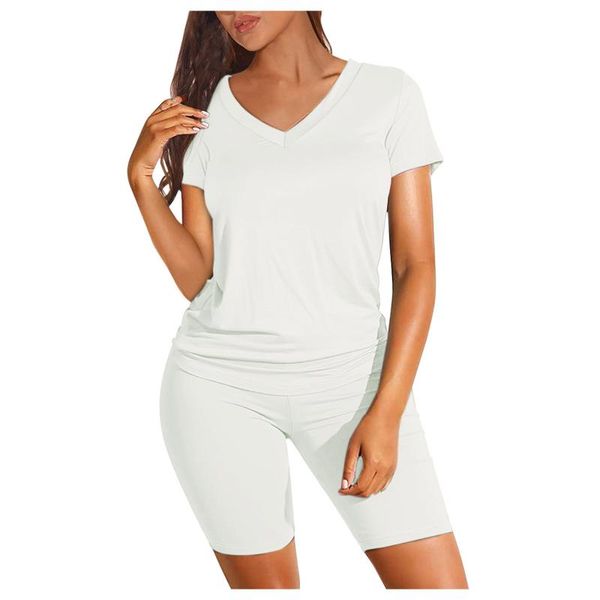 

women's casual solid all-match sport fashion short sleeve v-neck suit two piece pantsuit summer cool suits tracksuits, Gray