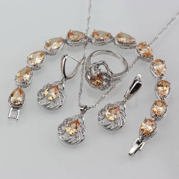 

earrings & necklace unique water drop champagne cubic zirconia silver color jewelry sets for women fashion party costume