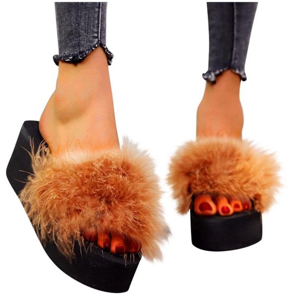 

fur flip flops women slippers beach outdoor slides soft sandals with home shoes ladies slip-on open toe wedge slipper, Black