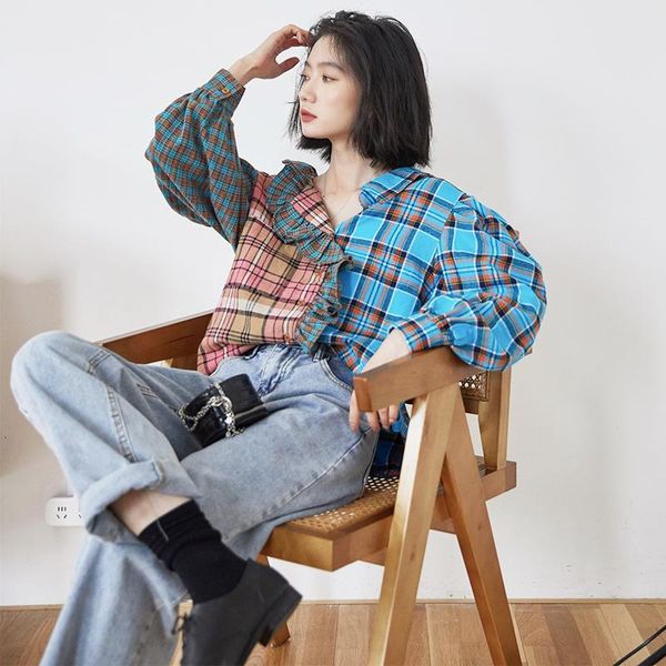

fashion hit color plaid shirt female ruffle v-neck 2021 women new blouses, White