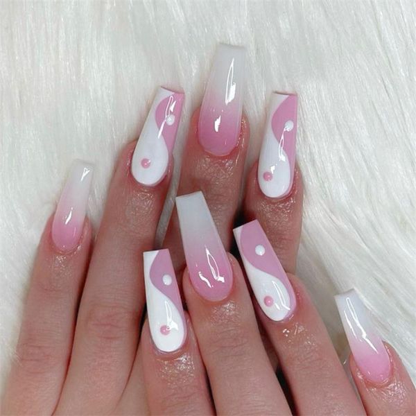 

false nails tai cute glossy ballerina coffin long press on fake w017, Red;gold