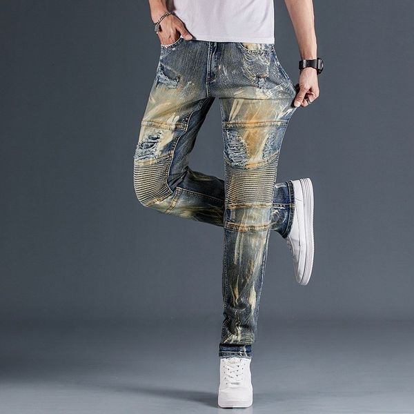 

men's jeans vintage retailers motorcycle bikers distressed man jeans torn elastic hole in a straight line pencil streetwear pants from, Blue