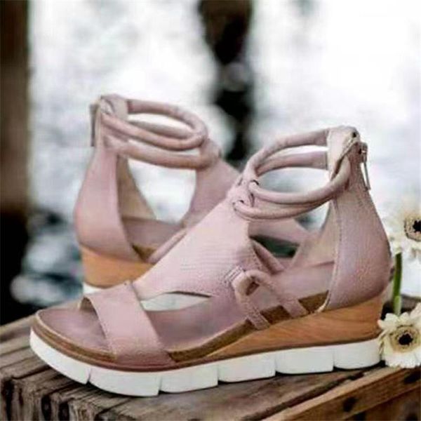 

sandals women's platform wedges open toe summer zippers cut out female beach shoes solid casual rome gladiator, Black