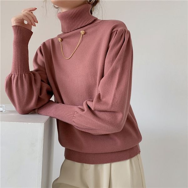 

autumn winter oversize korean elegant women's sweaters pullover solid turtleneck lantern sleeve lady 210513, White;black