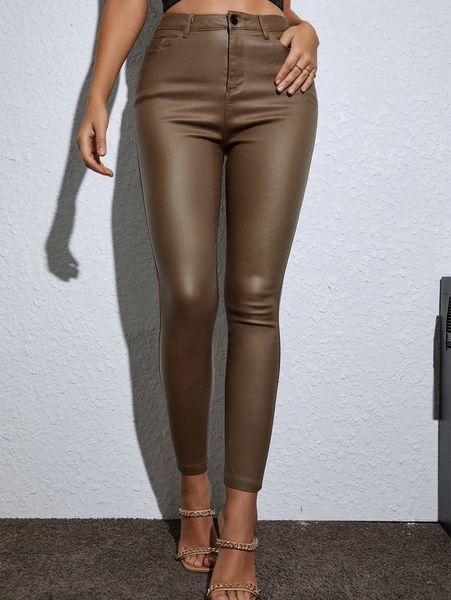 

apperloth a high waist thermal lined pu leather skinny cropped pants i4zs#, Black;white