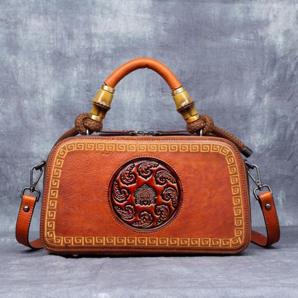 

evening bags vintage handmade embossed handbags woman genuine leather shoulder messenger first layer cow box handbag bag