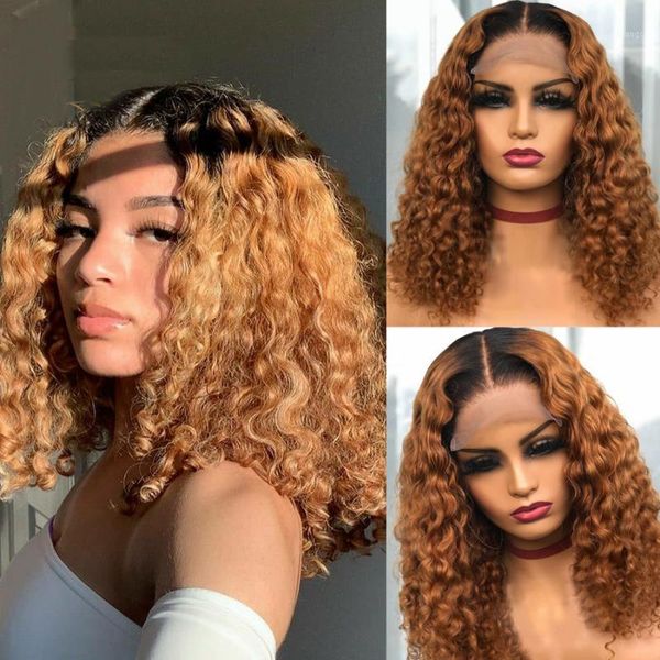

cut bob curly natural hairline remy ombre honey brown 13x4 lace front wig with baby hair human for women bleached knots wigs1, Black;brown