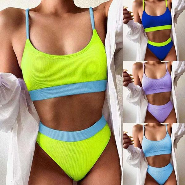 

women's swimwear women high waist quick drying bikini set ribbed strap padded swimsuit beachwear wholesale, White;black