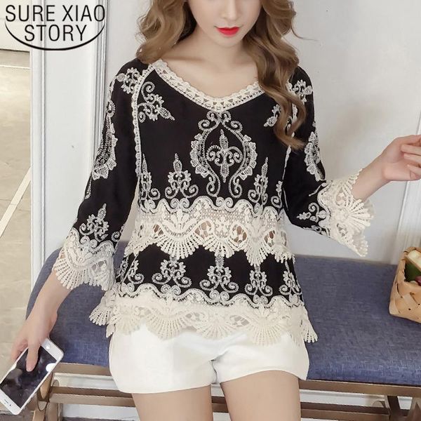 

fashion women and blouses casual hollow lace blouse shirt 2021 autumn winter black female blusa feminina 0103 45 women's & shirts, White