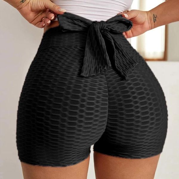 

women's shorts slim bow knot grid women casual solid color high waisted short femme tie stretchy breathable leggings cycling #4, White;black