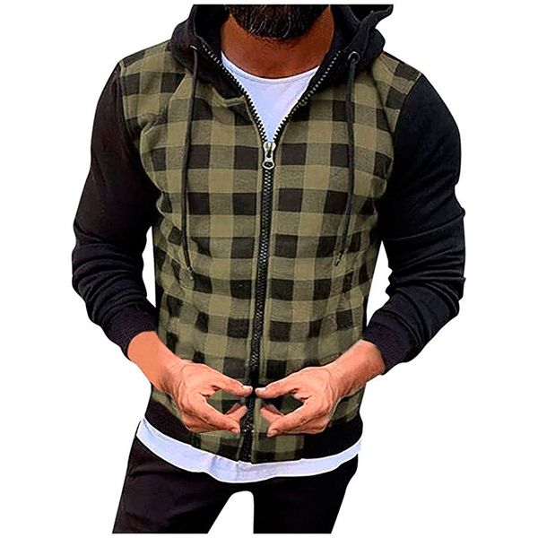 

men's hoodies 2021 casual plaid zipper sweater stitching hooded long sleeve cardigan coat, Black