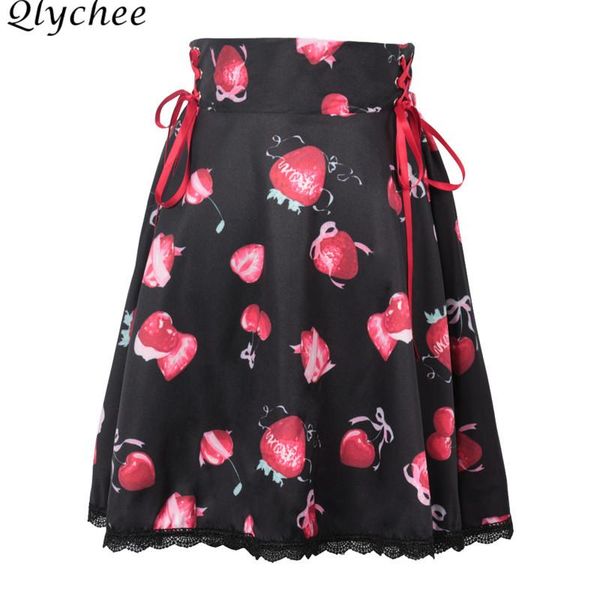 

skirts qlychee lace up cherry strawberry female elastic waist cute mini summer sweet fashion women skirt bottoms, Black