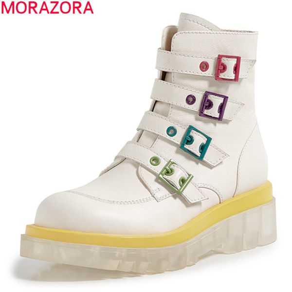 

morazora genuine leather boots thick heels round toe platform buckle ladies shoes autumn winter ankle boots women 210506, Black