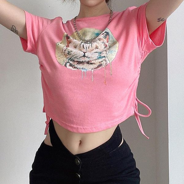 

women's t-shirt cute cat print slit drawstring, White