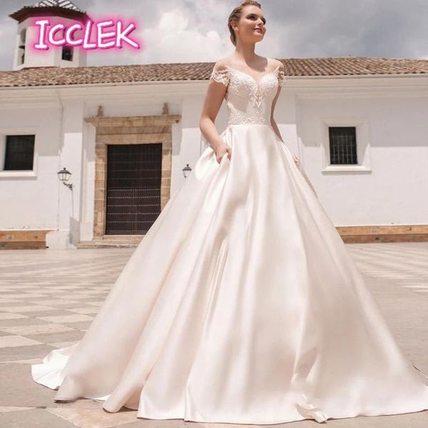 

other wedding dresses luxury princess satin dress o neck long cap sleeve a line backless elegant bridal custom made, White