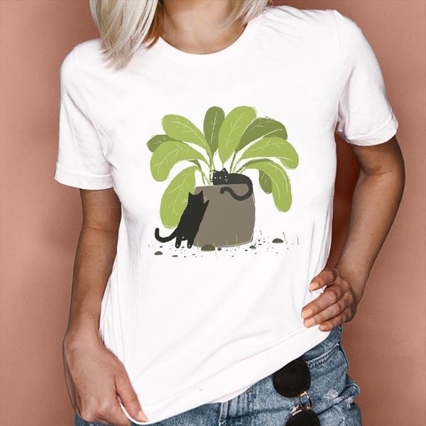 

graphic cat plant cartoon women t shirt animal 90s fashion short sleeve summer spring lady clothes tees print female, White