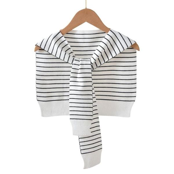 

scarves korean woolen knit warm shawl winter female blouse shoulders fake collar cape knotted scarf stripe neck guard scarve o44, Blue;gray