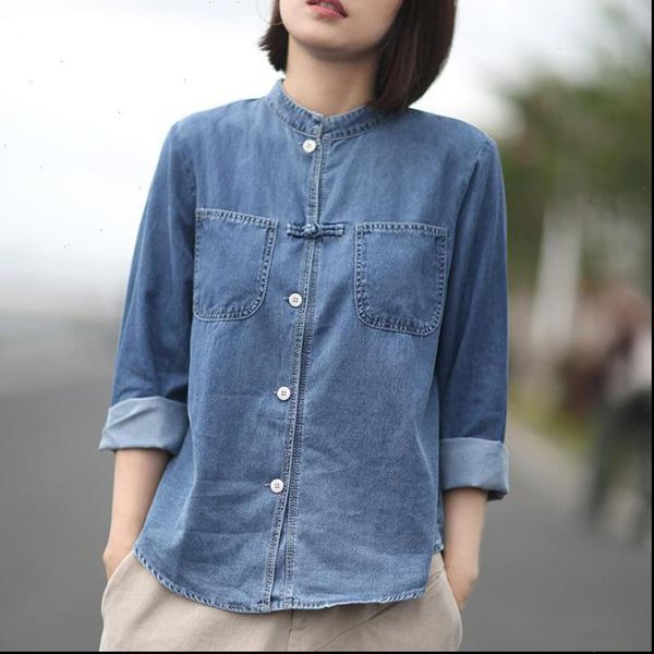 

johnature womens blouses women vintage button full sleeve stand collar solid color casual clothes autumn ladies, White