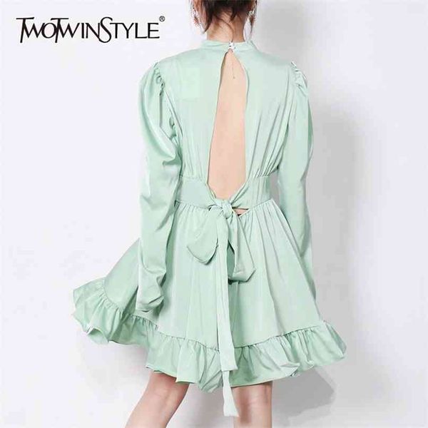 

hollow out korean dress for women stand collar long sleeve high waist elegant dresses female fashion clothing 210520, Black;gray