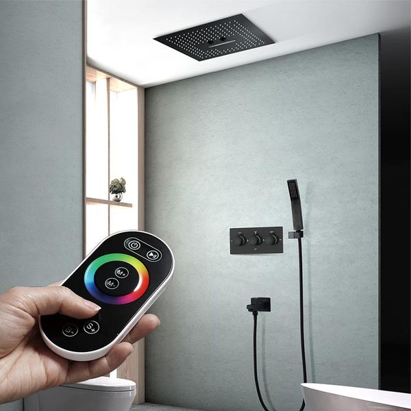 

bathroom shower set system ceiling rainfall massage led light showerhead stainless steel 16 inch black mixer faucet brass sets