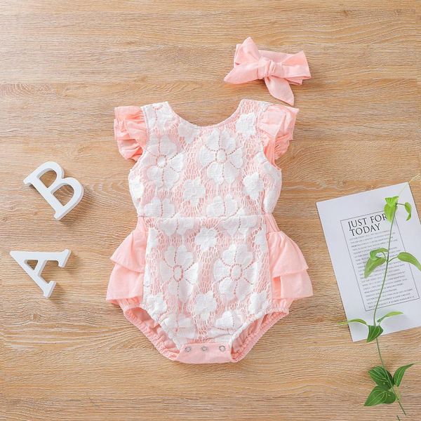 

rompers summer baby girl\u2021s casual sleeve ruffle bodysuit and headband fashion solid color lace bandage jumpsuits, Blue