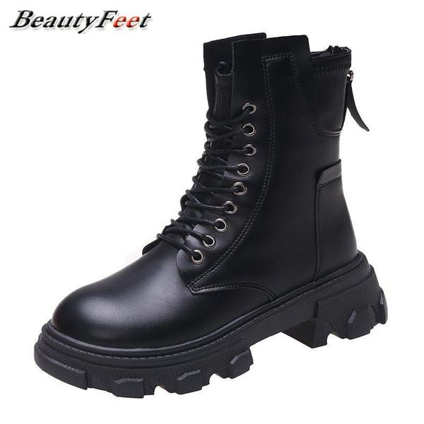 

boots motorcycle thick heels women solid black leather platform female shoes autumn ankle plus size