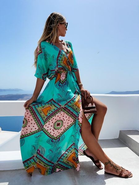 

casual dresses bohemian printed bikini cover-ups elegant self belted kimono dress tunic women plus size beach wear swim suit cover up 2021, Black;gray