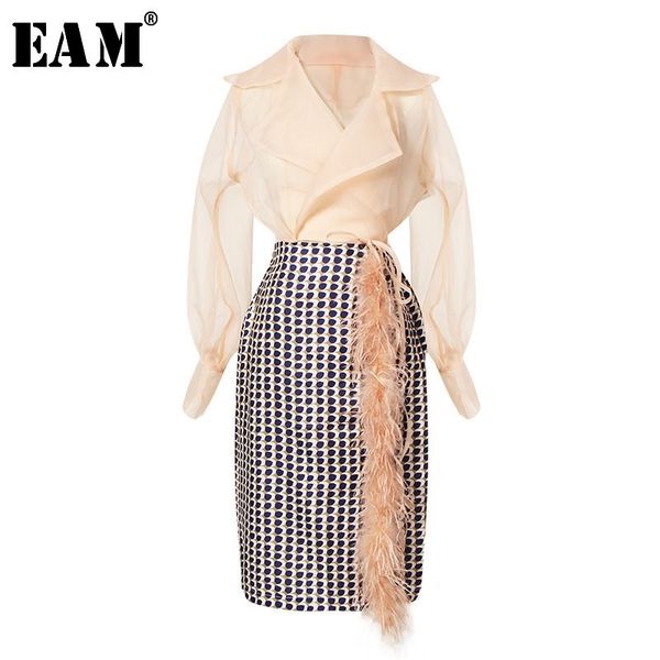 

[eam] half-body skirt plaid feather two pieces suit new lapel long sleeve loose women fashion tide spring autumn jh400 210407, White