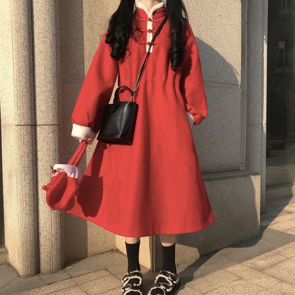 

winter chinese style vintage long sleeve red women lolita kawaii cheongsam collar retro christmas year black es, Black;gray