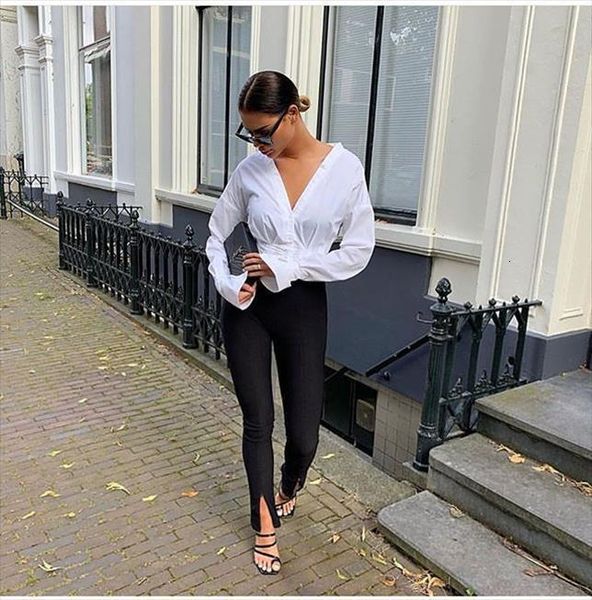 

office skinny fit stretchy womens pants flare slits high waist push up buttom ankle length trousers, Black;white