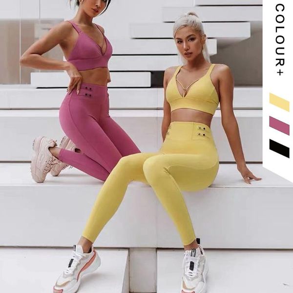 

yoga outfit woman sportwear set seamless gym crop bra pad elastic high waist pant fitness clothing
