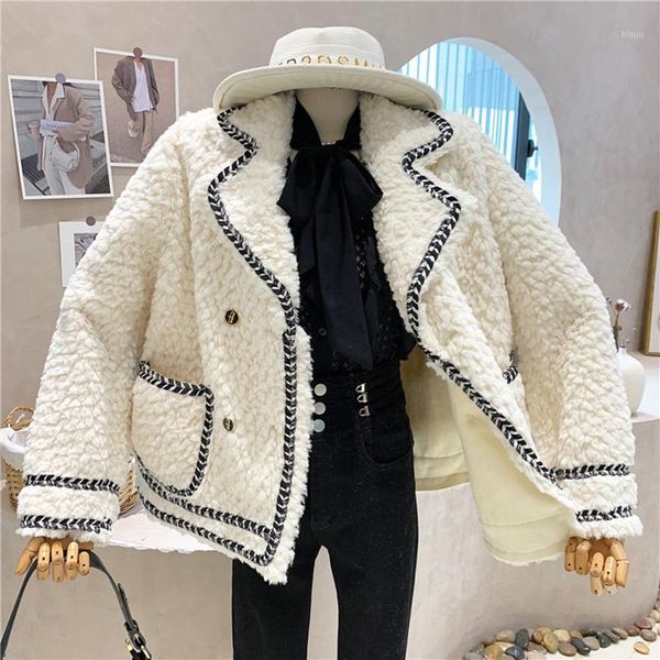 

women's down & parkas [ewq] autumn winter 2021 korean fur one-piece double breasted lazy loose little lamb wool long sleeve coat women, Black