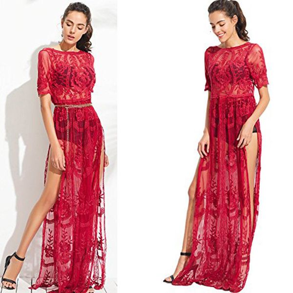 

split long short sleeve v neck see through floral lace evening party maxir red casual wear women femme, Black;gray