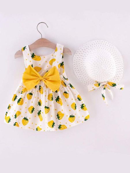

toddler girls strawberry print bow back dress with hat she, Red;yellow
