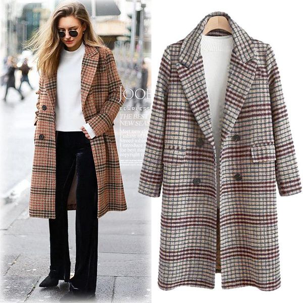 

women's wool & blends coats for women 2021 f/w plaid long coat woolen, Black