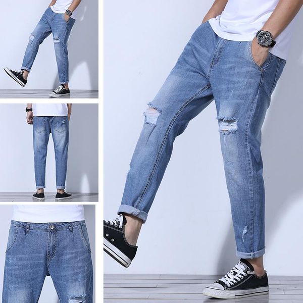 

men's jeans korean trousers summer 2021 trend brand ripped slim feet, Blue