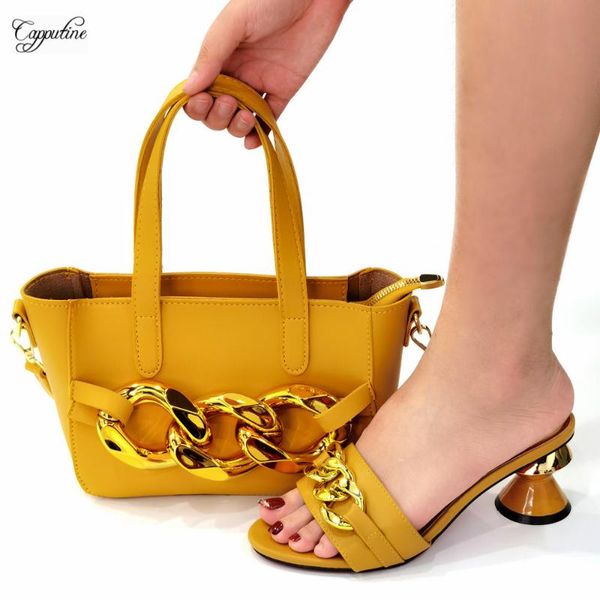 

dress shoes yellow and shoulder bag set for women 2021 african summer high heels slippers match with handbag pantoufle femme cr663 6cm, Black