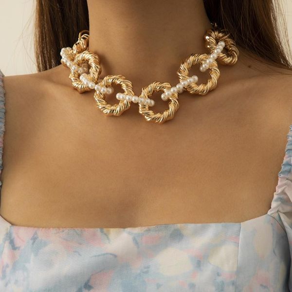 

chokers hyperbole geometric thick chain necklace 2021 ins hip hop imitation pearl ccb choker for women punk jewelry club party, Golden;silver