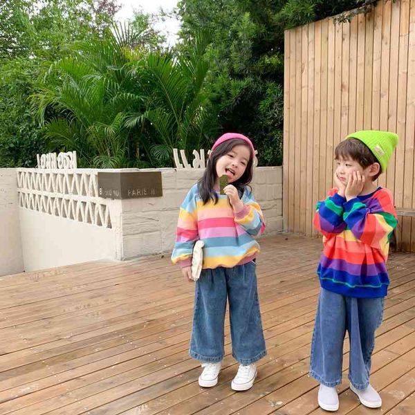 

children's autumn 2020 boys' and girls' korean rainbow stripe sweater pullover children's loose top, White