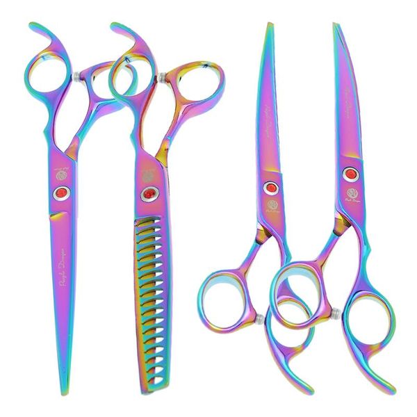 

hair scissors purple dragon 7.0" pet grooming dog straight curved cutting shears fish bone thinning tijeras animal beauty tool b0018b