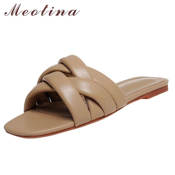 

sandals meotina women slippers shoes genuine leather flat with slides square toe sheep skin ladies footwear summer white size 41, Black