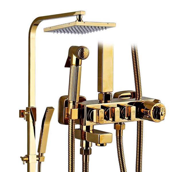 

luxury gold bathroom thermostatic shower faucet set all brass mixer tap bathtub 3-way mixe sets