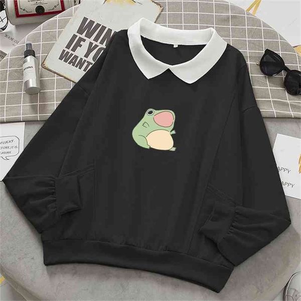 

frog swearshirt graphic aesthetic oversize clothes harajuku cotton pullover feminino hoodies with pocket kawaii hoodie for girls 210809, Black
